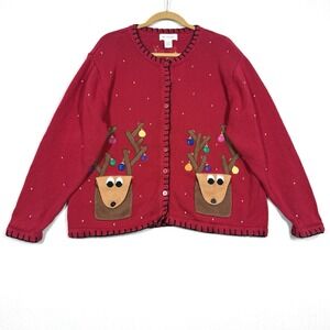 Vintage Christmas Sweater Women XL Reindeer Pocket Ornaments Embroidered Festive